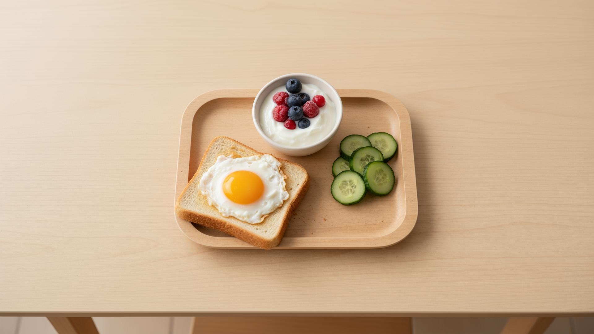 A simple repeated breakfast — eggs, toast, yogurt, cucumber.